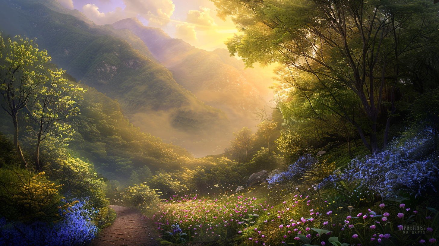 The path through the forest, the wildflowers bloom, the mountains hide the fog, the sun shines, the picture is quiet and harmonious.