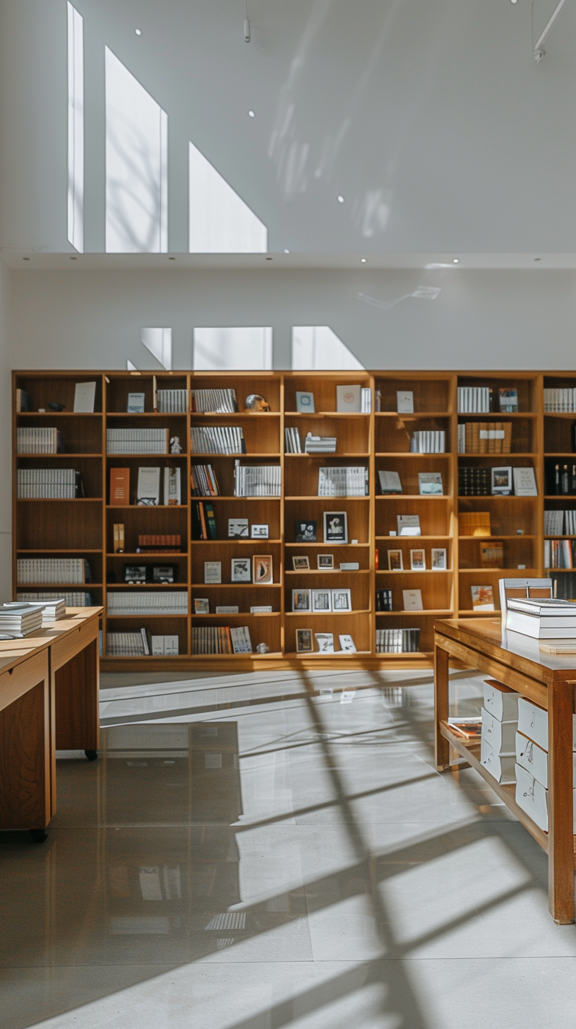 The interior is simple and warm, the sun shines, the shelves are full of books, the desk is quiet and the atmosphere is focused.