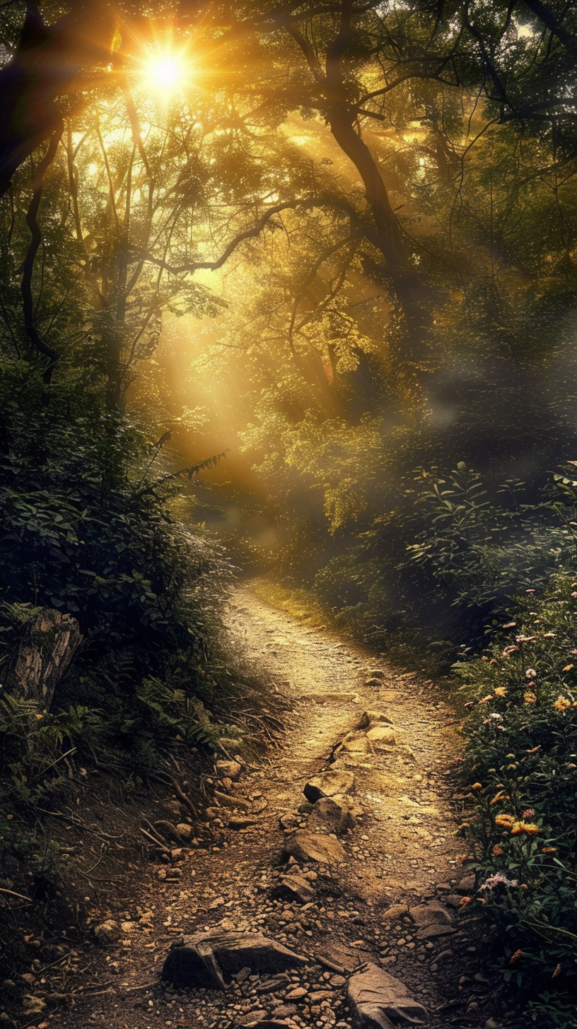 The path winds into the forest, the sun dappled the stone path, the green heart is full of peace.