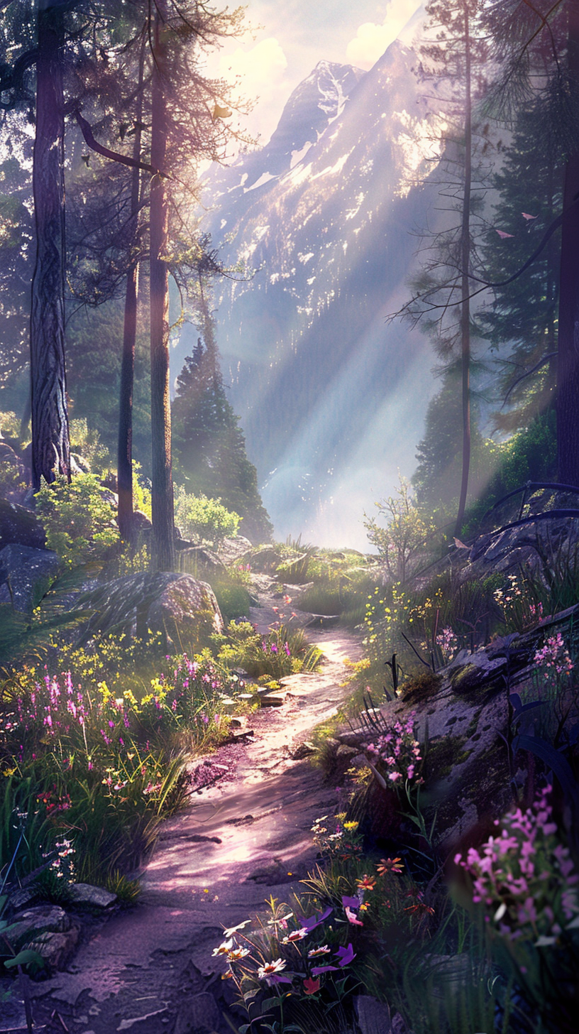 Winding paths, lush forests, snowy mountains and sunlit shadows reveal the beauty of nature.