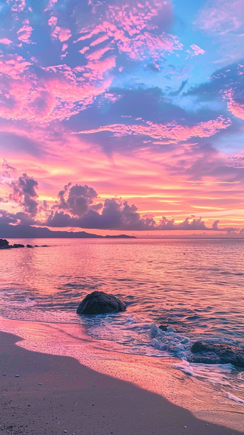 The sky is pink purple, the sea is shimmering, the rocks stand still, and the sunset is shining on the beach.