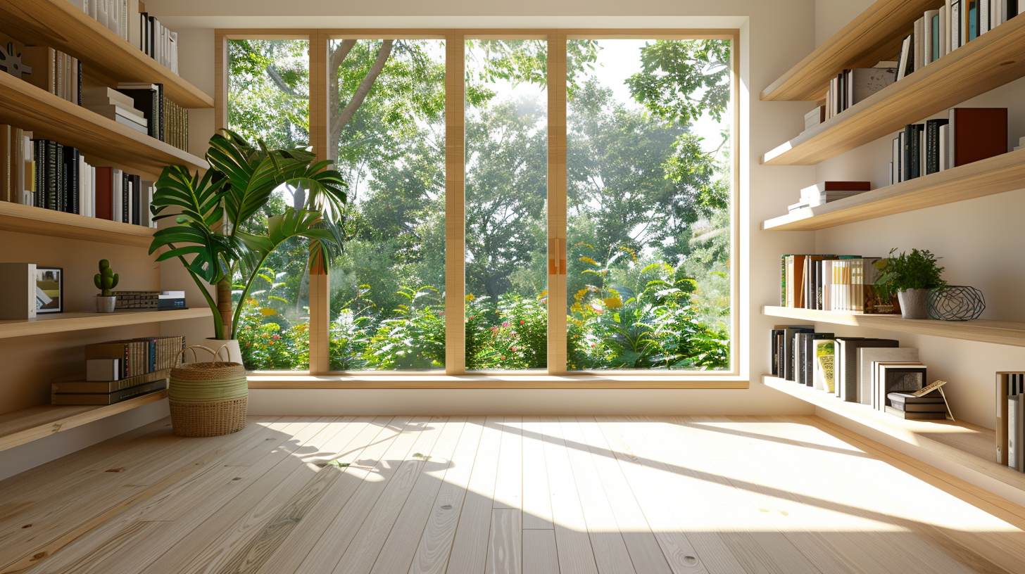 Inside, the sun shines and the wooden bookshelves are full of books, making it warm and cozy.