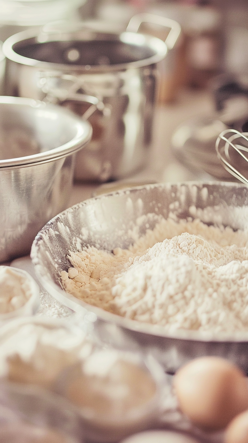 Silver flour bowl next to the egg mixer, the background pot is visible, soft light creates a warm kitchen.