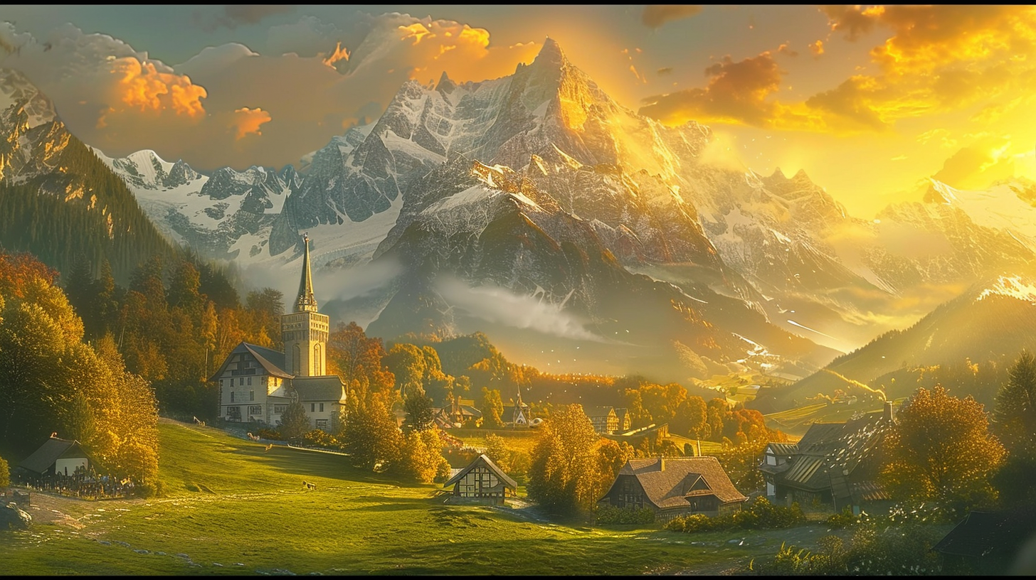 The steeple church stands on the left, the houses and trees contrast with the scenery and harmony, and the snow-capped mountains reflect the sunset far away.