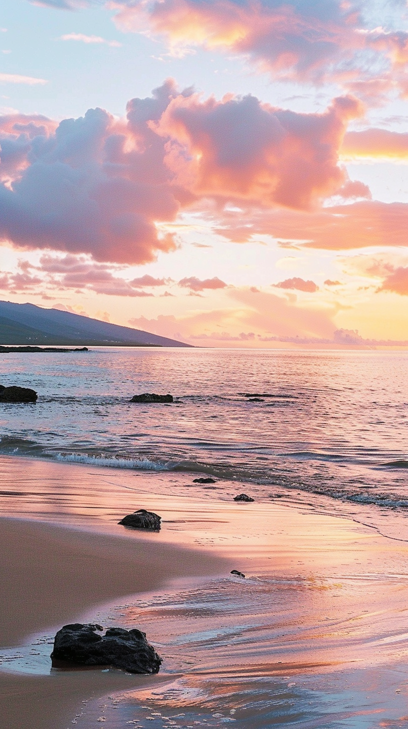 The sunset glow reflected the sea and sky, and the sound of the rock beach was slow.