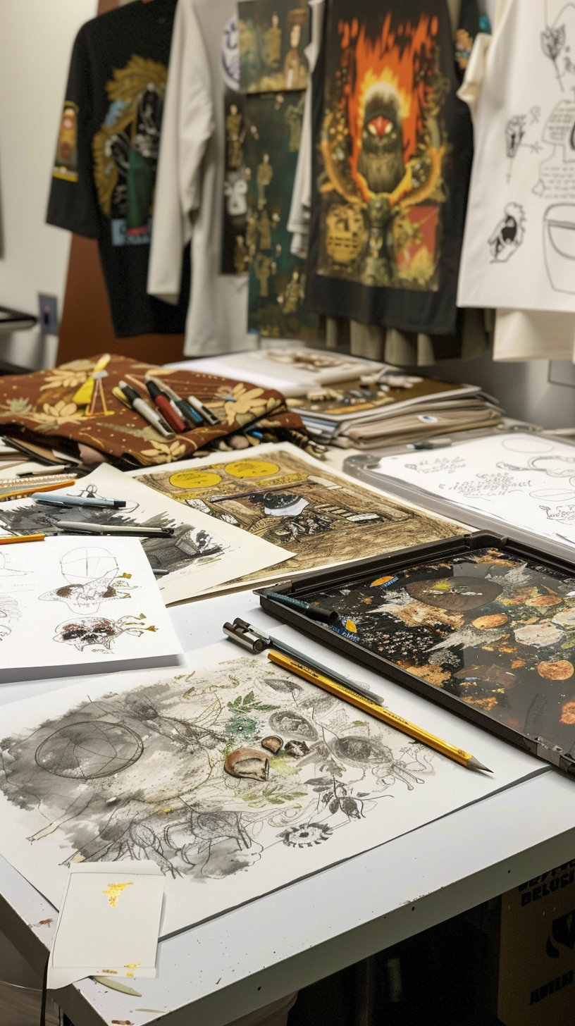 Painting materials scattered on the table, the background T-shirt colorful pattern, full of creative studio corner.