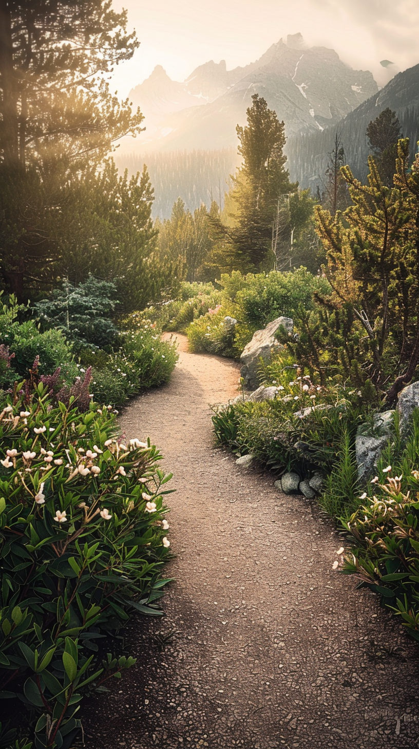 Winding path through flowers, distant mountains covered with snow in the clear sky, lush green scenery.