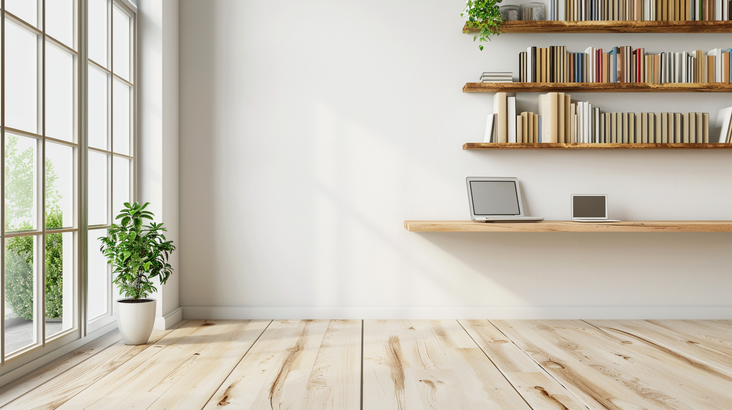 The wooden bookshelves are full of books, the Windows are full of green plants, and the modern studio is warm and comfortable.