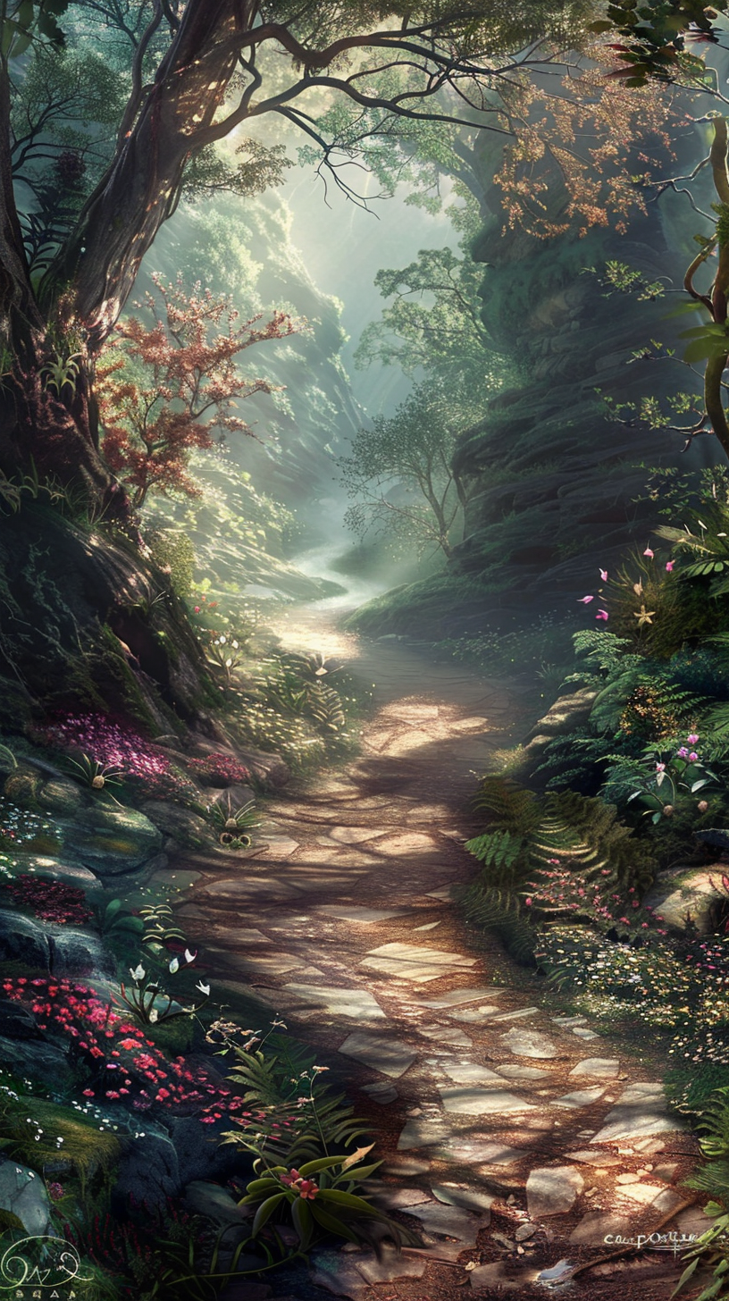 The green path bends, the sun dappled the flowers, and the deep forest is quiet.