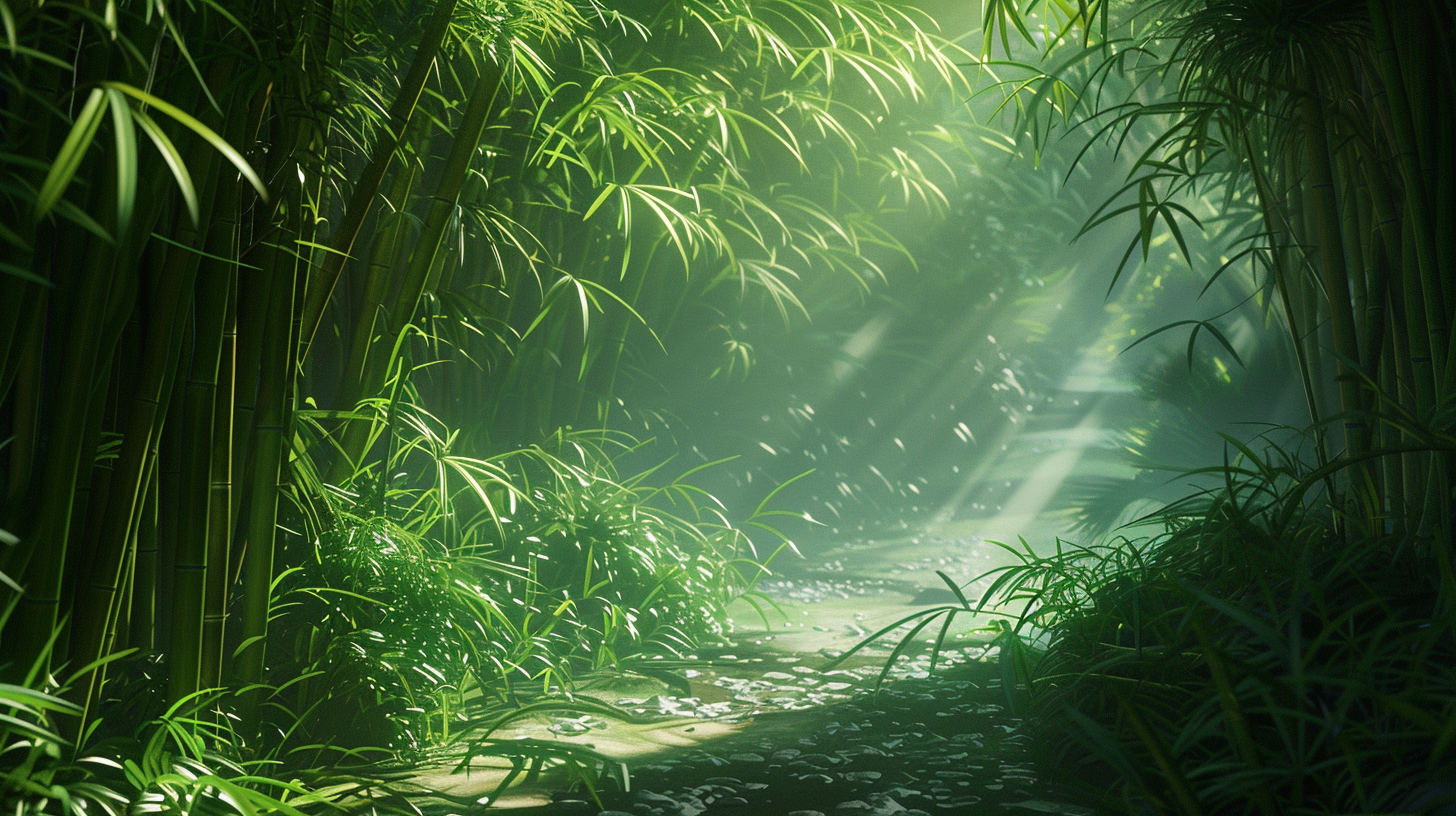 The shadow of the bamboo reflects the sun, the stream gurgling leaves fly, and the quiet bamboo forest hides the secluded path.
