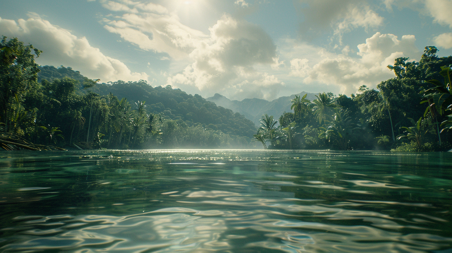 The waves on the river reflect the green bank, the clouds in the distant mountains, and the sunshine reflects the heart.