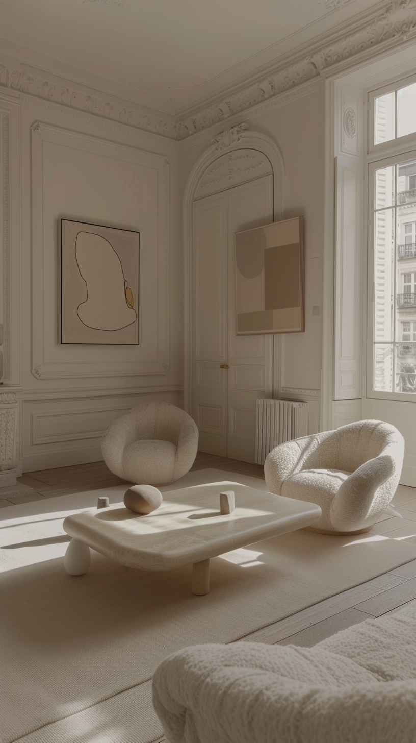 Simple white interior, painting decoration, bright and spacious, comfortable and pleasant.