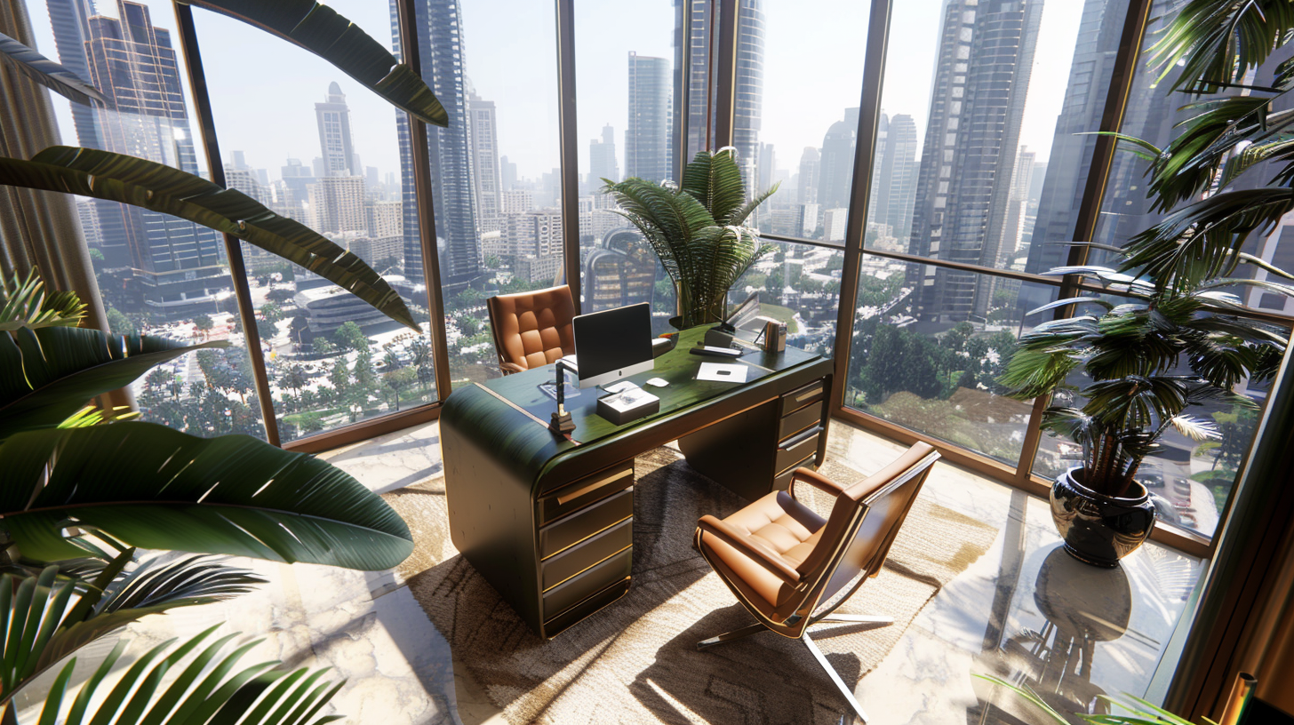 The modern office is decorated with green plants and flowers, and the city is tall outside the window, spacious and bright.