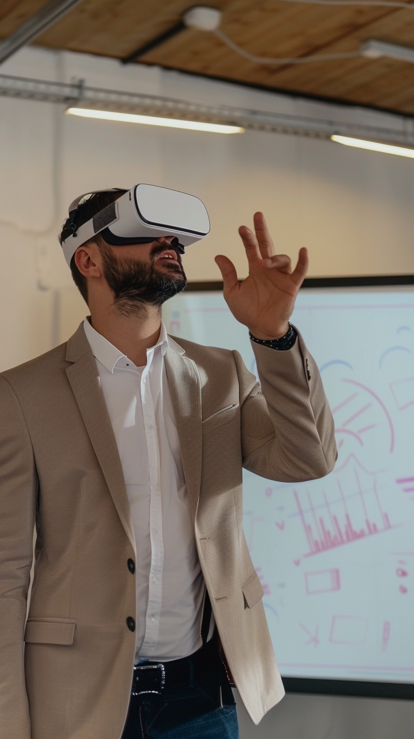 The man wears a VR headset, raises his hand to operate, and the background screen displays graphic text.