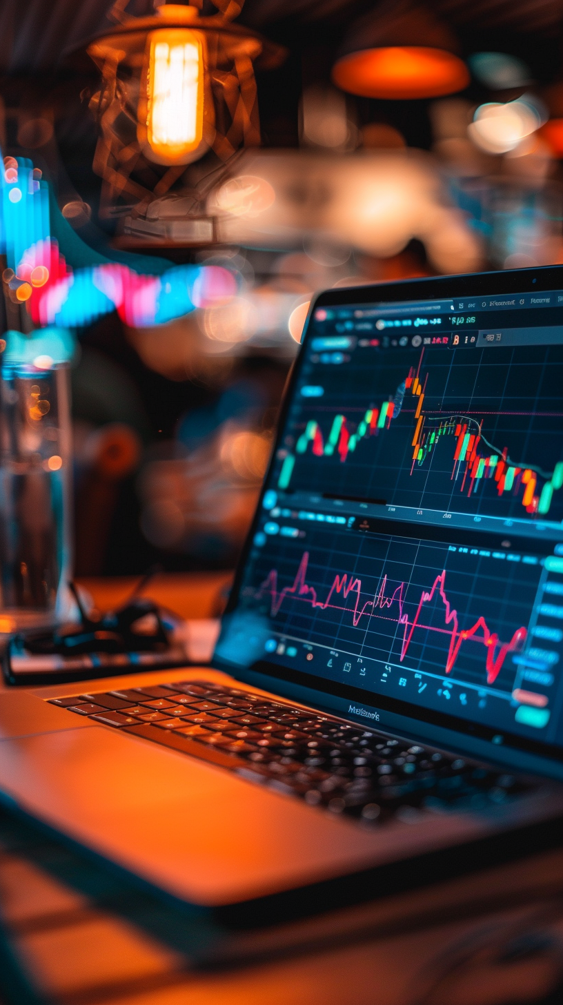 The computer screen shows the stock market chart, the dark room is busy, the atmosphere is tense and busy.