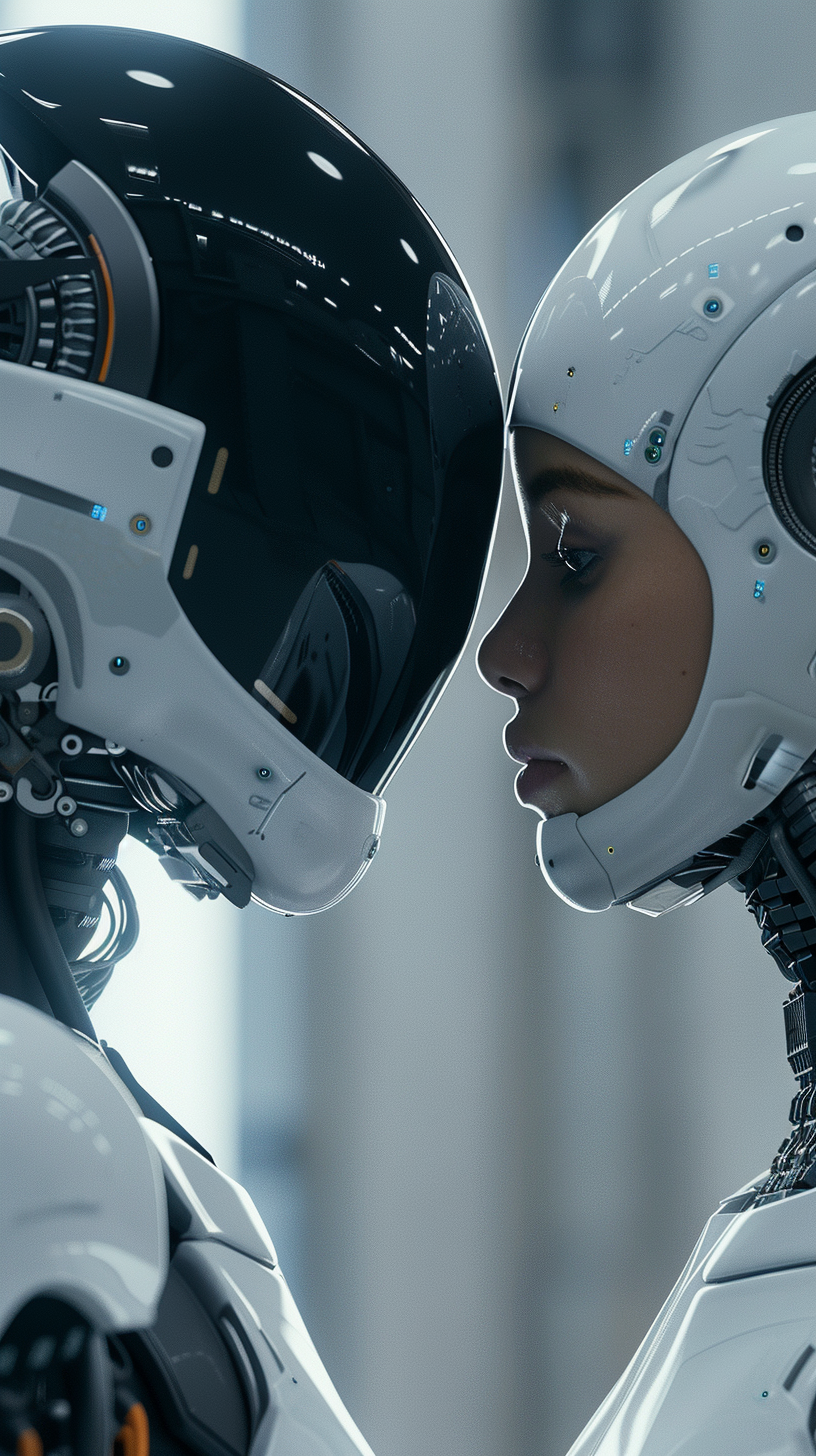 Female robot and astronaut communication, the background hazy space atmosphere, full of science and technology.