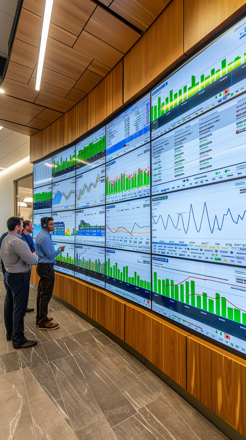 Multi-team discussions, on-screen data, modern office atmosphere.