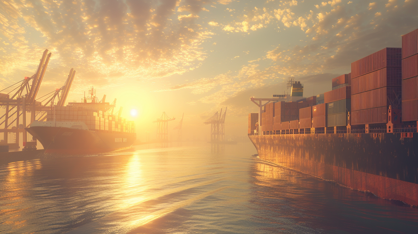 The harbour is lit by the setting sun as cargo ships dock and load.