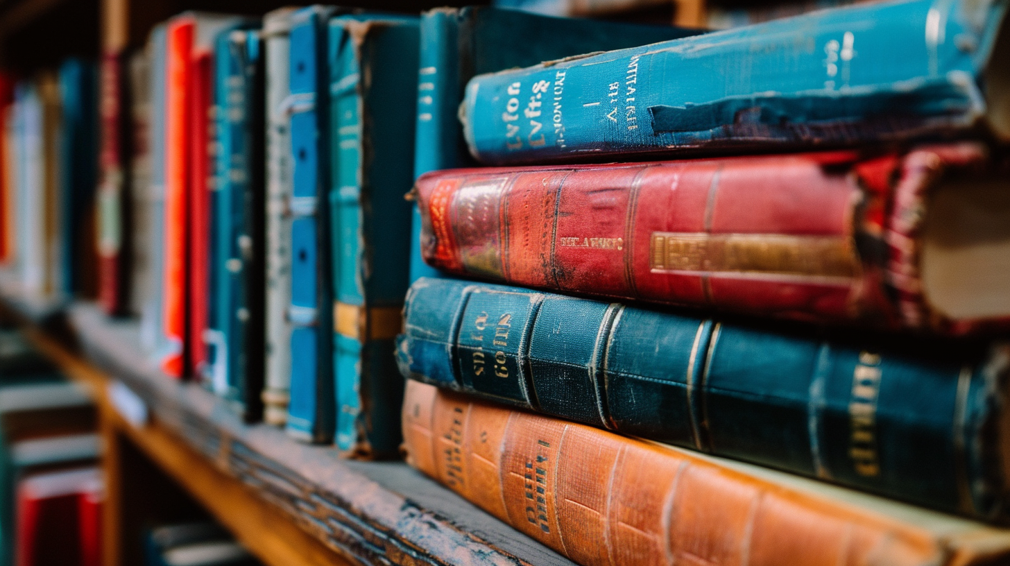 Books are neatly arranged on the shelves, colorful covers are eye-catching, and the background is slightly blurred.
