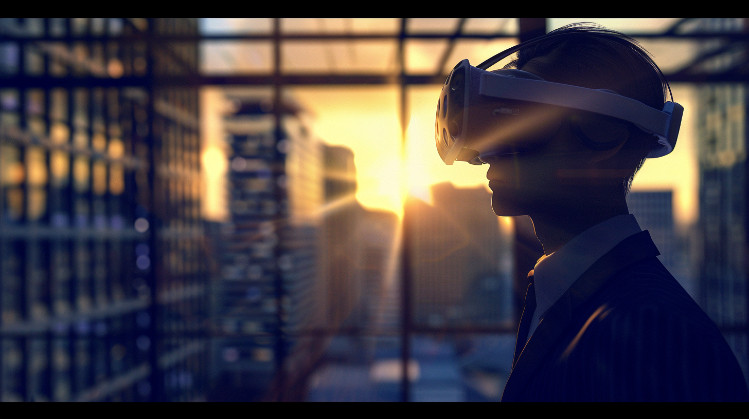 Men stand on the side of the city, VR helmet at the top, the sun is pouring down, and the technology atmosphere is strong.