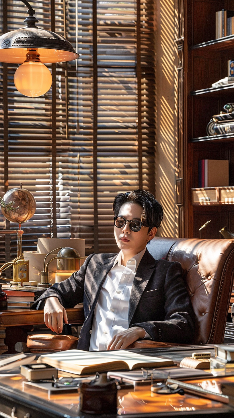 Young entrepreneurs, suit sitting office, table items neatly placed.
