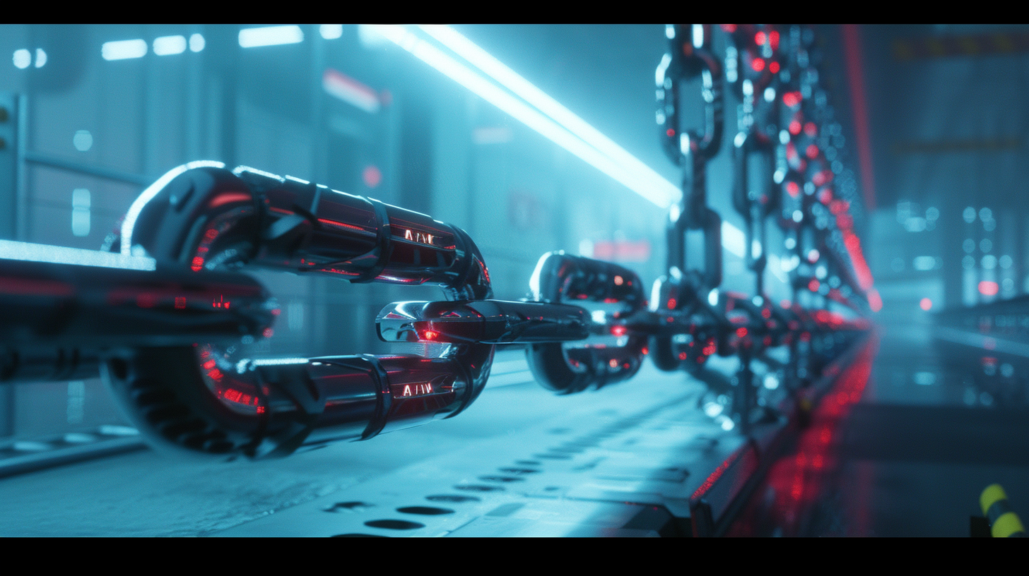 Red chain through the blues space, LED lights flashing, technology industrial wind strong.