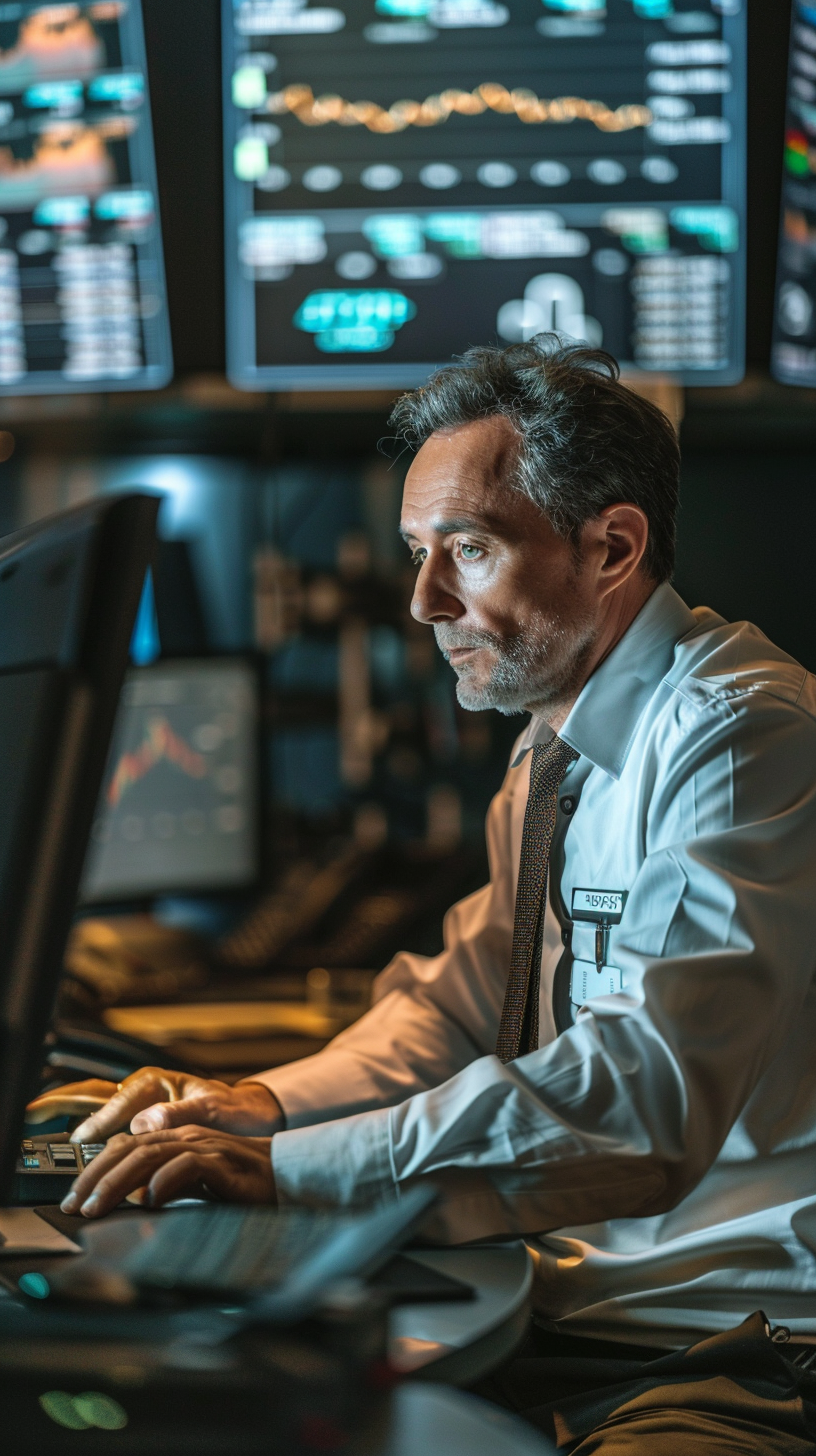 The man is white-haired, staring intently at the computer screen, displaying data behind him, and the working atmosphere is thick.