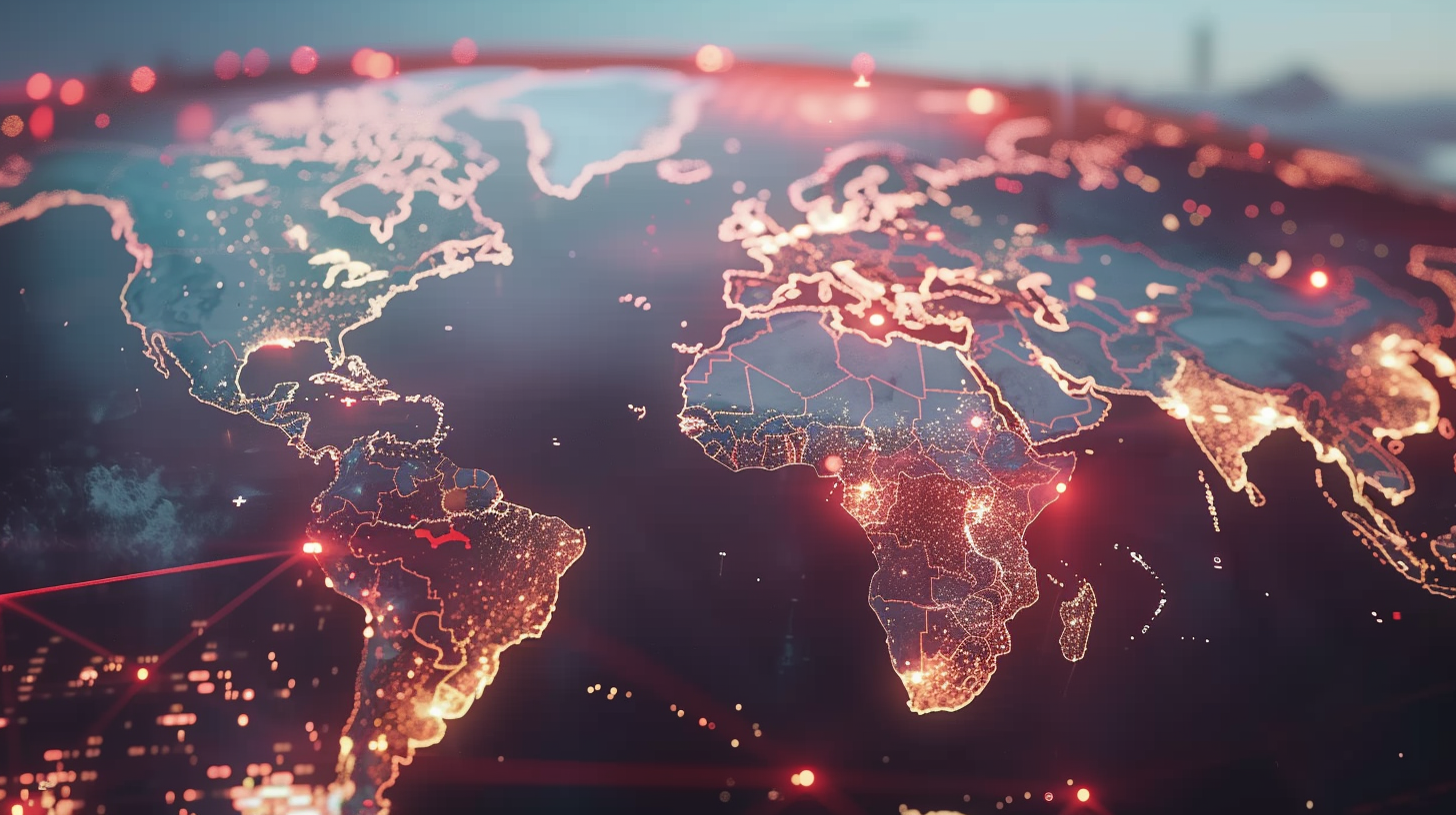 The global network is dense, red and blue, and city lights flicker among them.