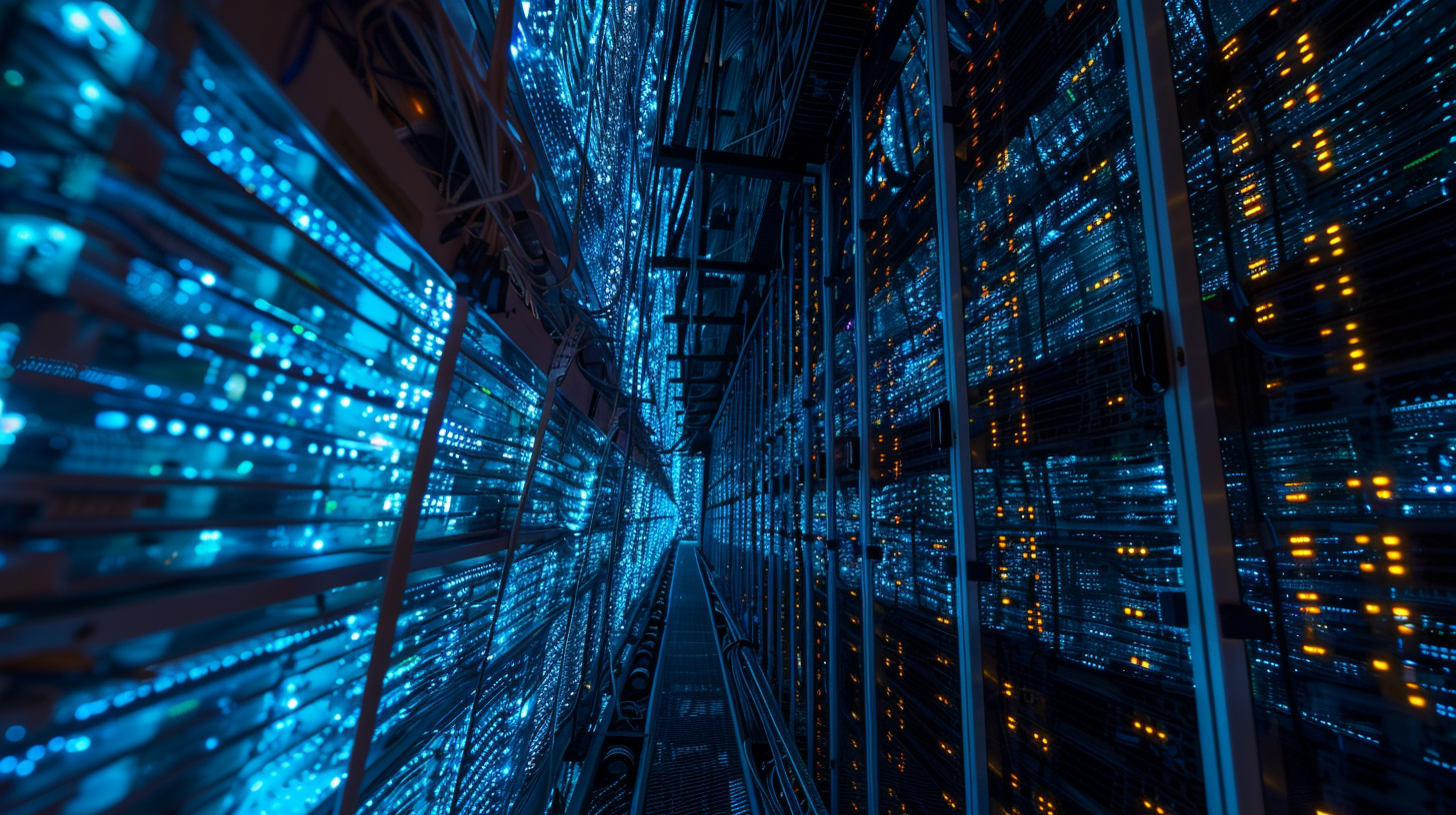 The servers in the machine room are arranged neatly, the blue light is flashing, and the wires are interwoven, presenting a high-tech atmosphere.