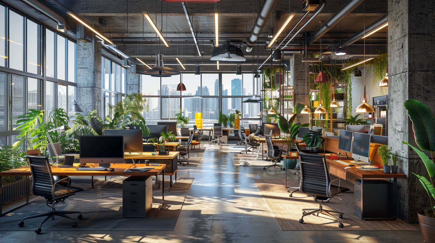 Spacious and bright office space, wooden furniture and green plants complement each other, modern facilities are available.