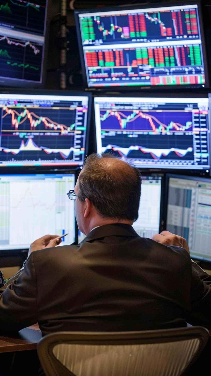 Financial analysts sit on multiple screens, focused on analysis, and nervous.