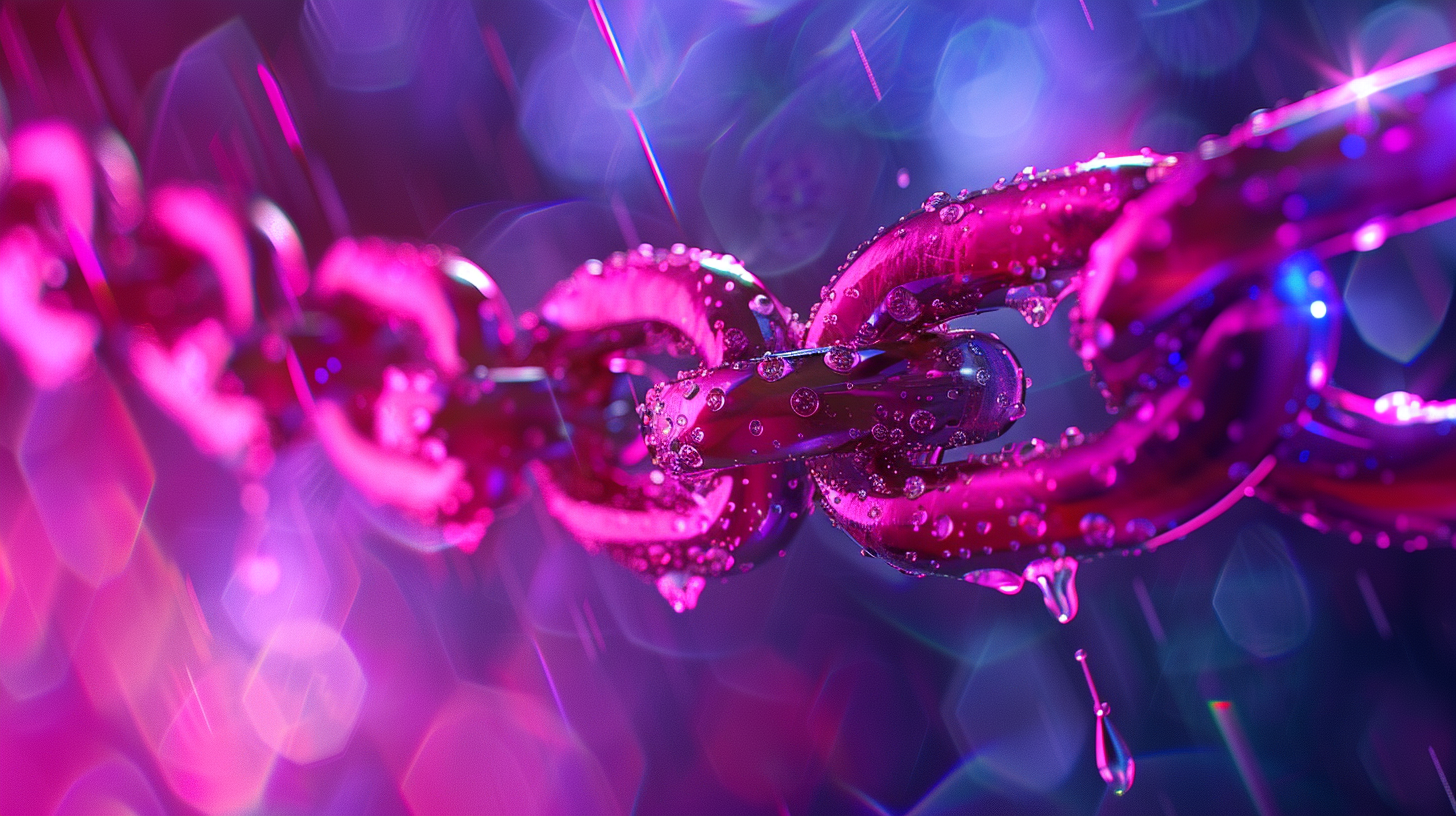 The metal chain shuttles between the water beads, the purple and blue light and shadow crisscross, and the future science and technology charm is strong.