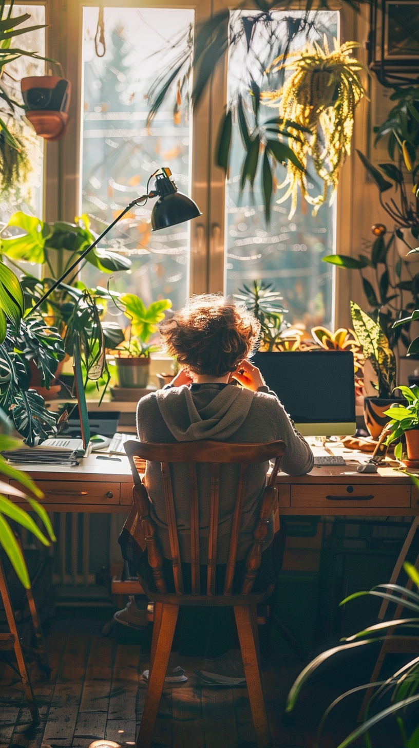 The woman is sitting in the green room with her back to the camera, the computer files are scattered at the desk, and the sun is flooding the room.