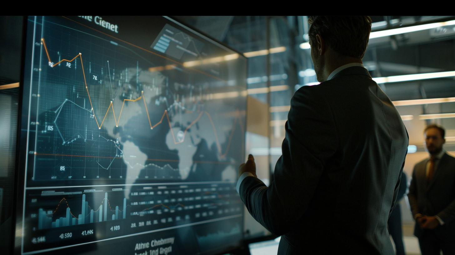 Men standing in formal dress, finger screen data, meeting background blurred, charts rich.