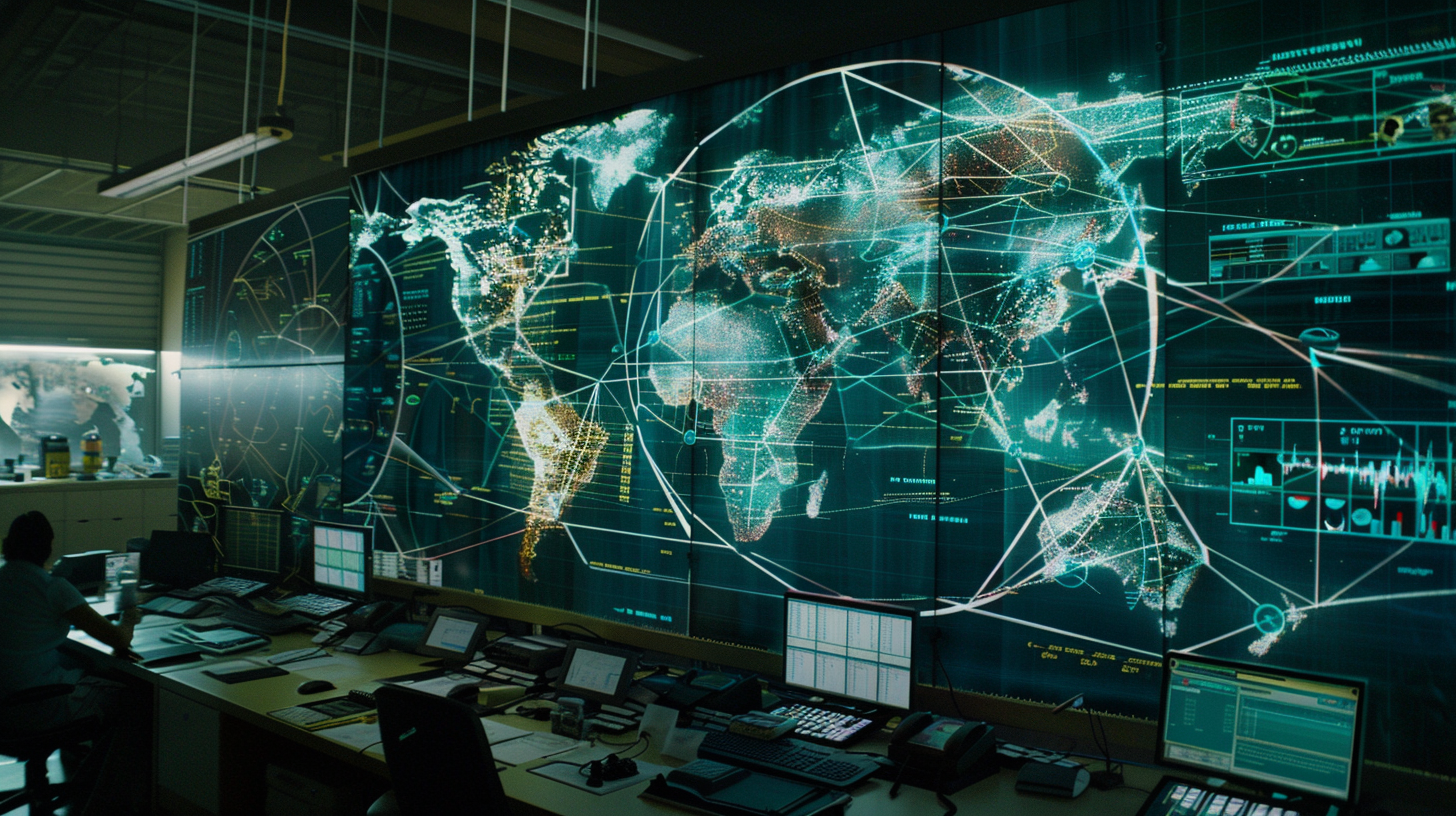 Dark room, big screen data world, computer list, strong atmosphere of science and technology.