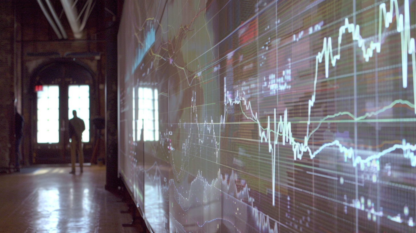 The large screen displays financial data, several people watch and discuss, the scene is professional and busy.