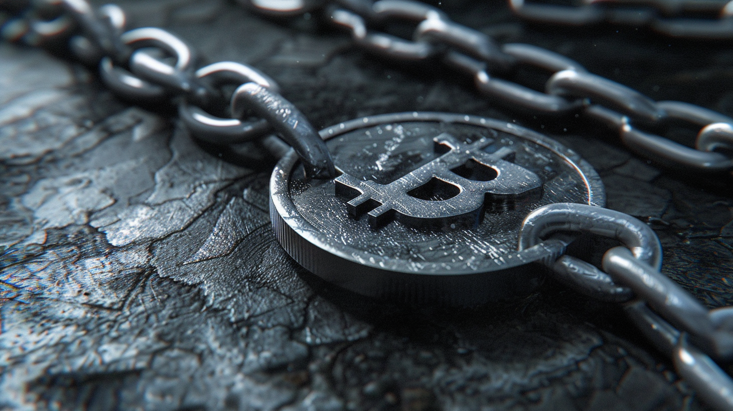 Silver bitcoin chains surround, wear marks show years, the background is deep and solemn.
