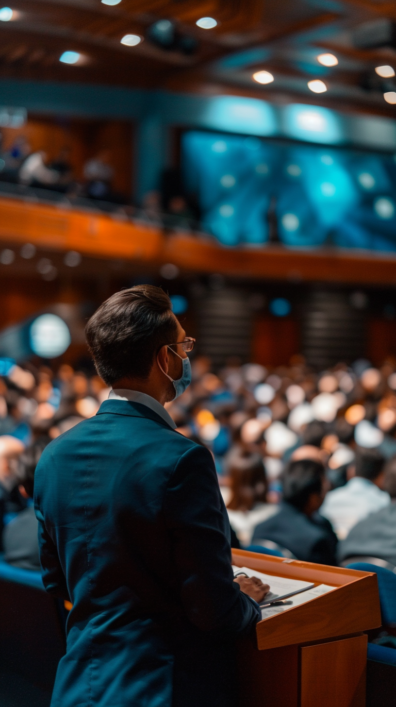 Men in formal dress speech, audience listening, solemn scene, atmosphere focused.