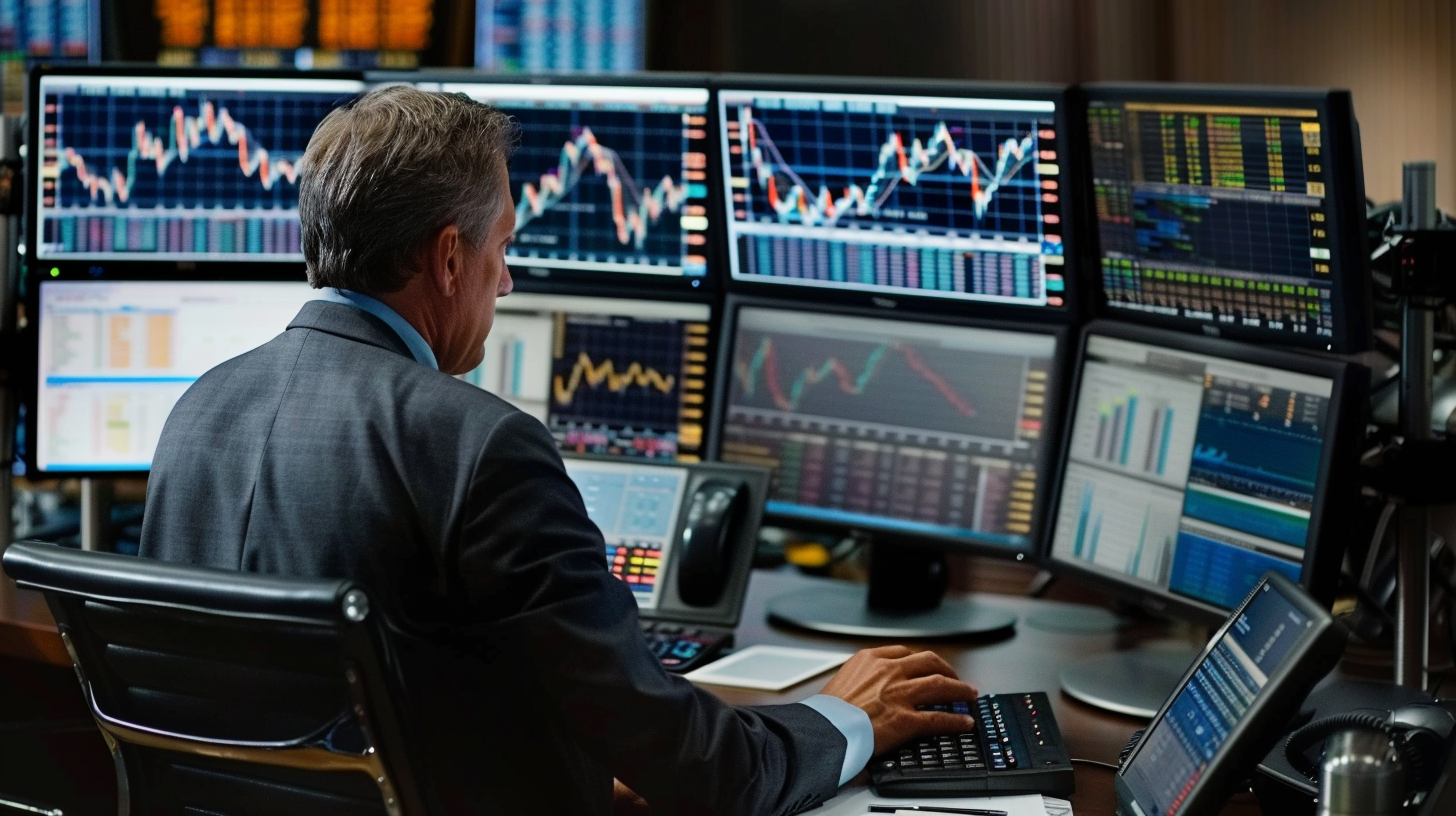 Men sit at a desk, multi-screen data surround, focus on financial transactions, professional and orderly environment.