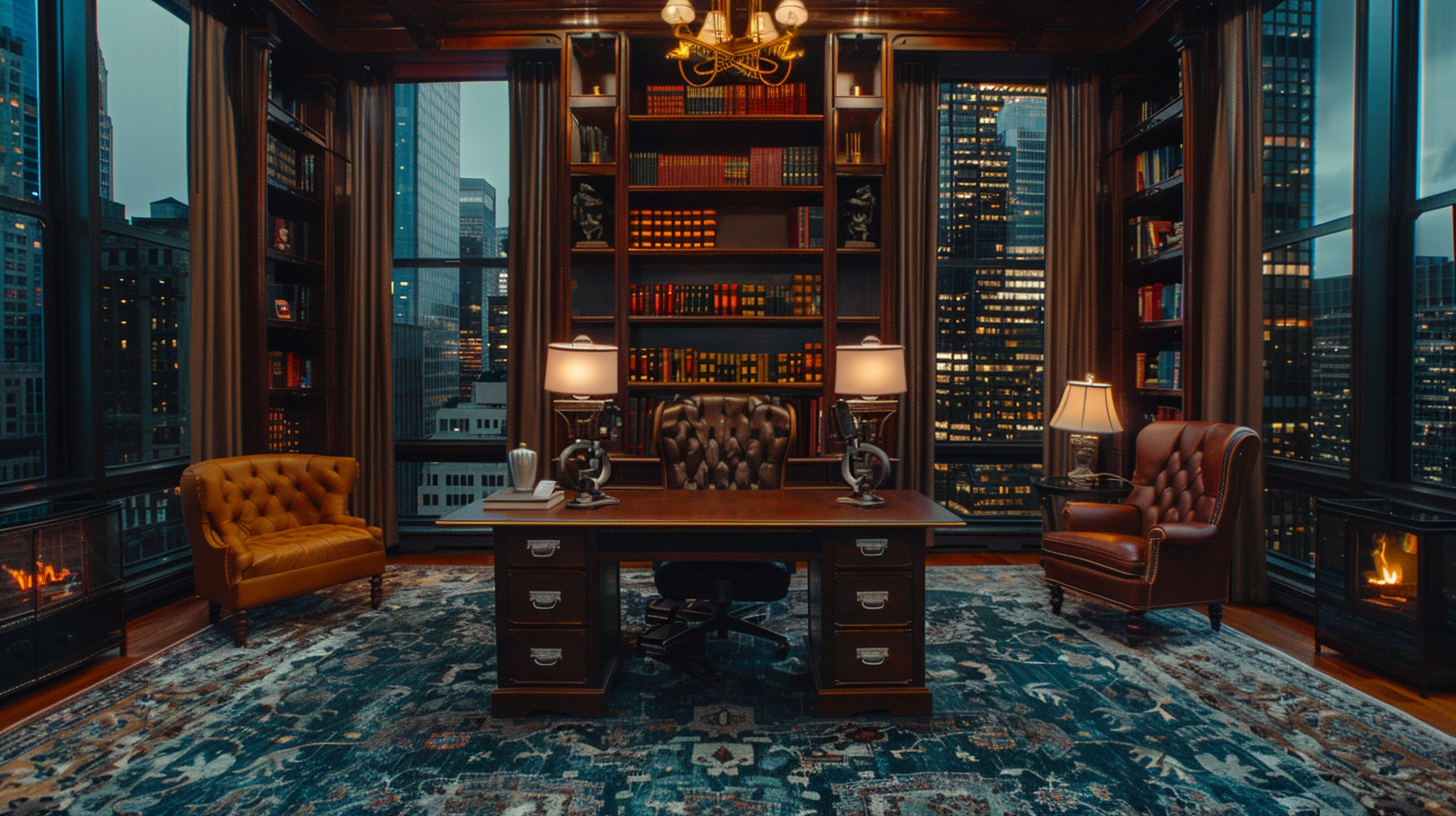 In the luxurious study room, the desk stationery is orderly, the night scenery outside the window is bright, and the atmosphere is quiet and elegant.