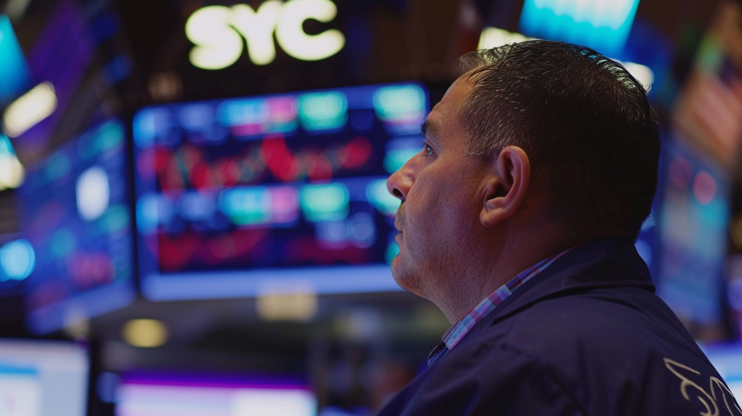 Traders are glued to the stock market screen, the SVC logo is visible, and the data clutter reflects a busy market.