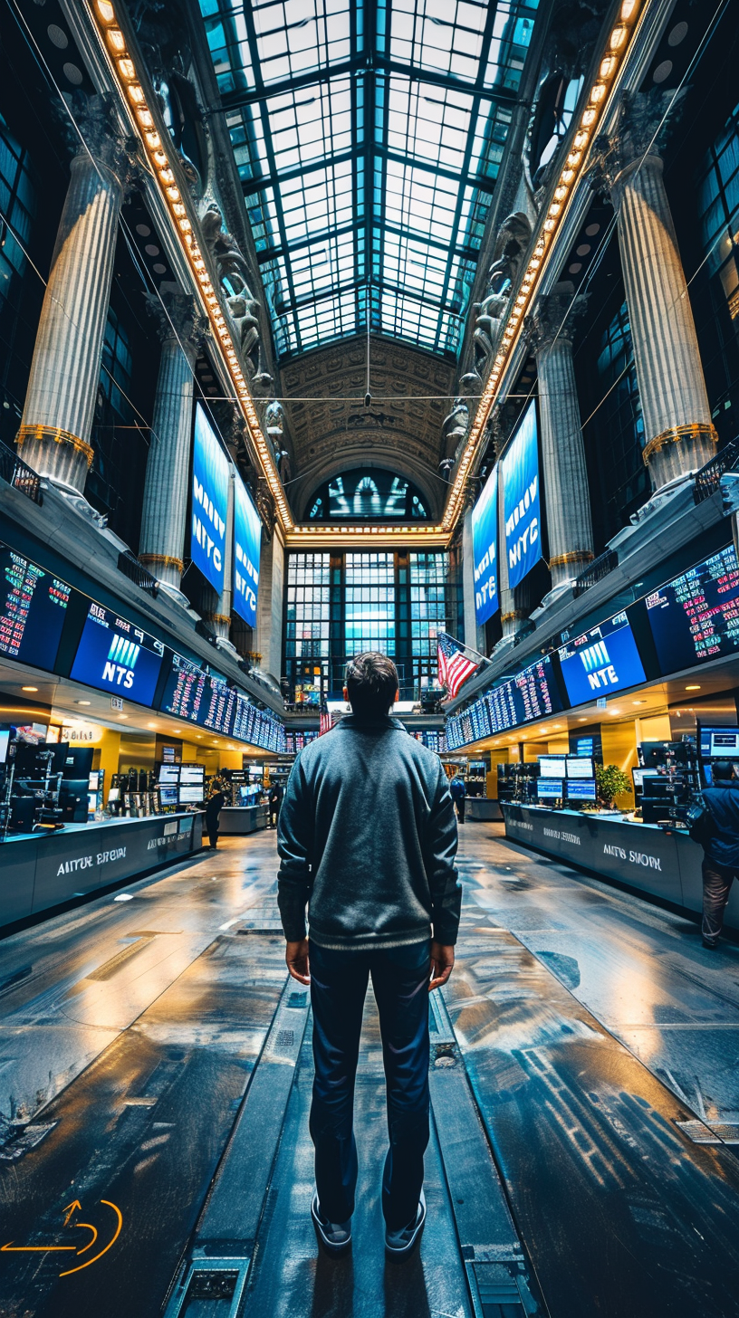 On the trading floor, electronic screens display stock market action, people stare intently, and the American flag hangs to one side.