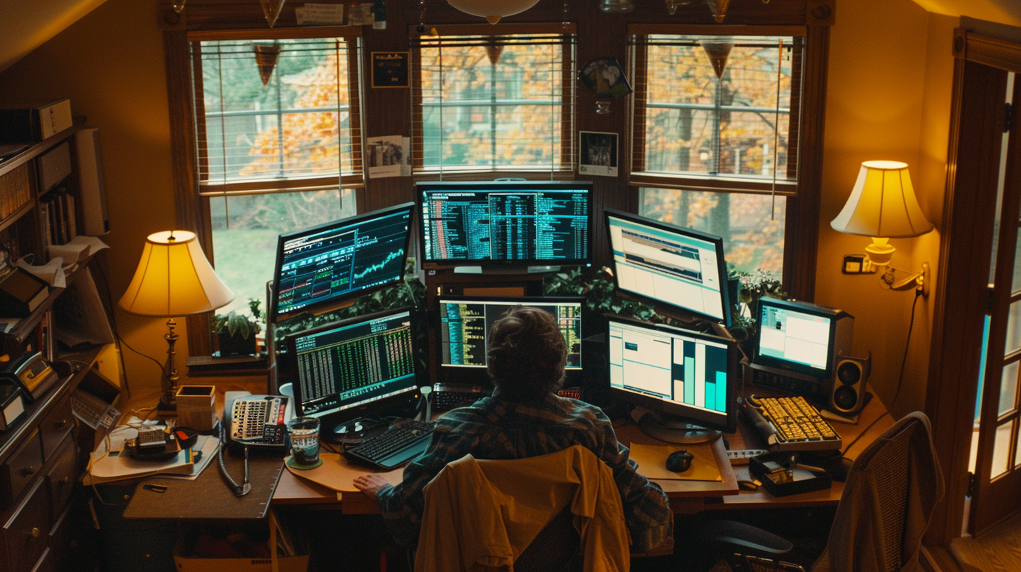 Men focus on work, multiple screens display charts, the trees outside the window reflect autumn leaves.