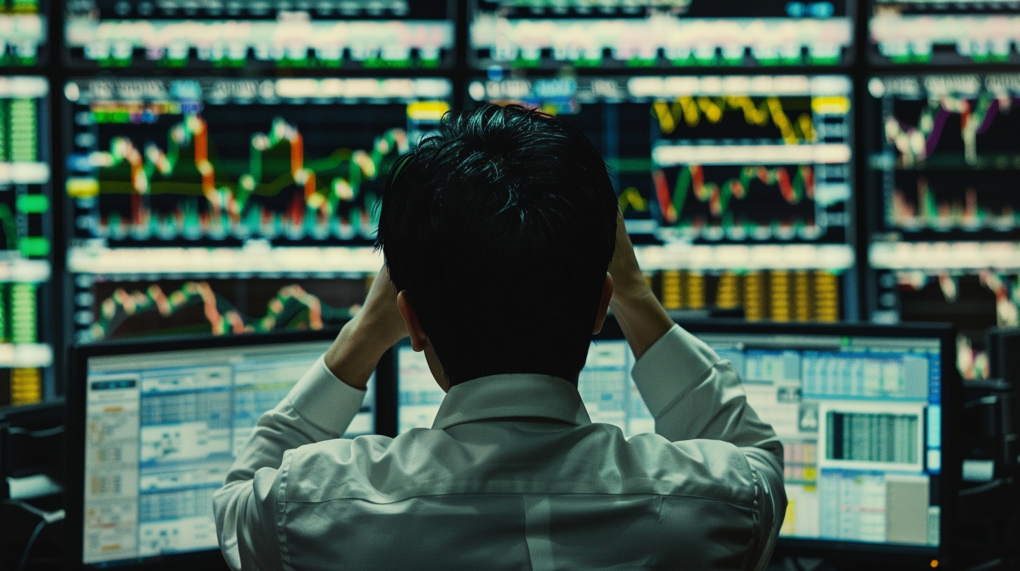 The man's desk meditates, the computer screen reflects financial data, the atmosphere is tense and busy.