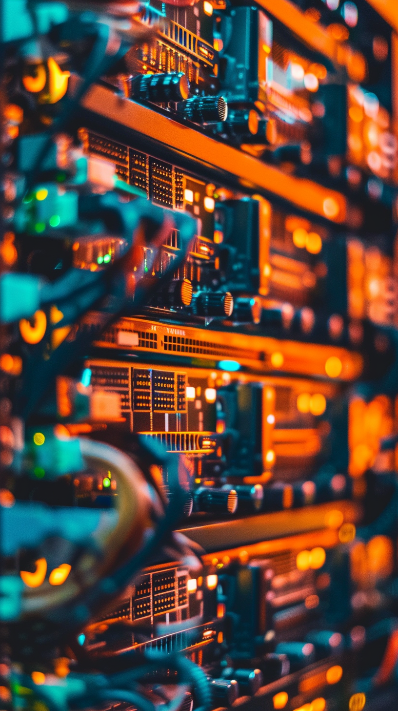 Multiple rows of server racks are arranged neatly, with orange and blue interweaving to show a sense of technology.