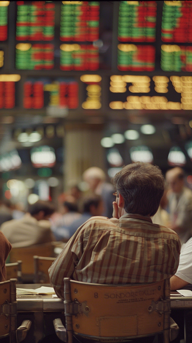 The man focuses on his phone as the background screen scrolls through data, showing busy trading on the stock market.