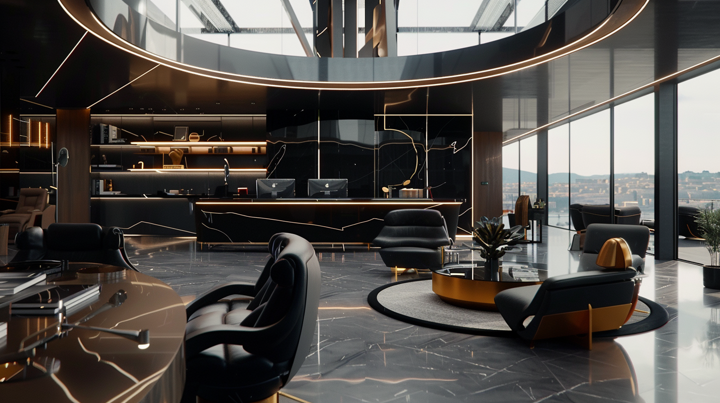 The modern interior is filled with black gold and silver.