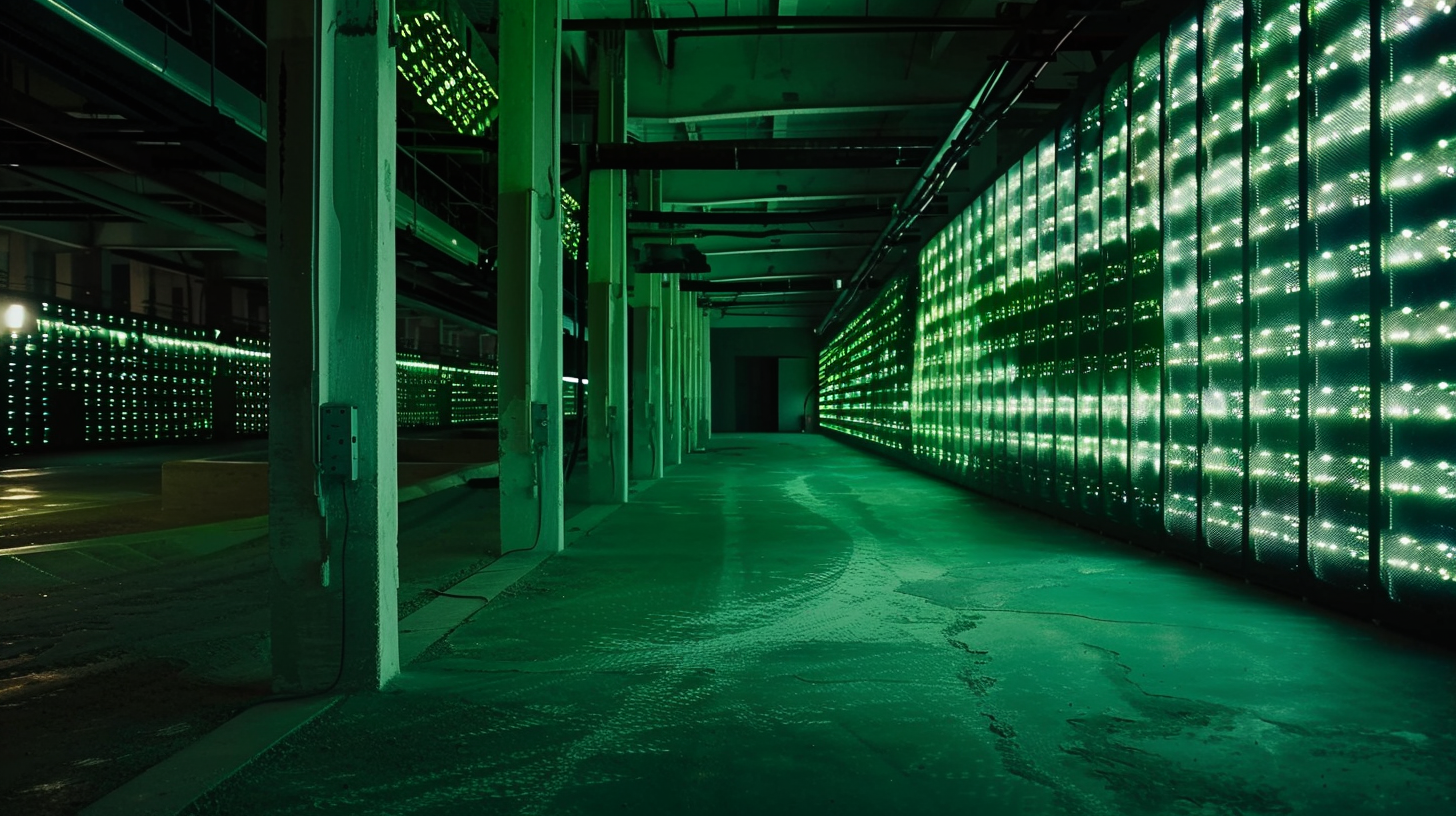 Dark green lights reflect the corridor, the wall row of servers neatly lined up, the ground mottled technology.