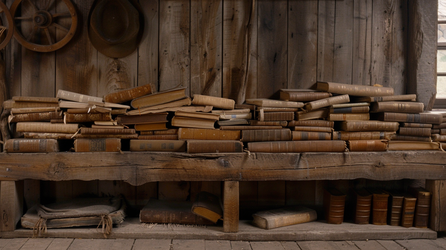 Old books are piled on wooden benches, mottled walls reveal history, and ancient rhymes stand beside the wheels.