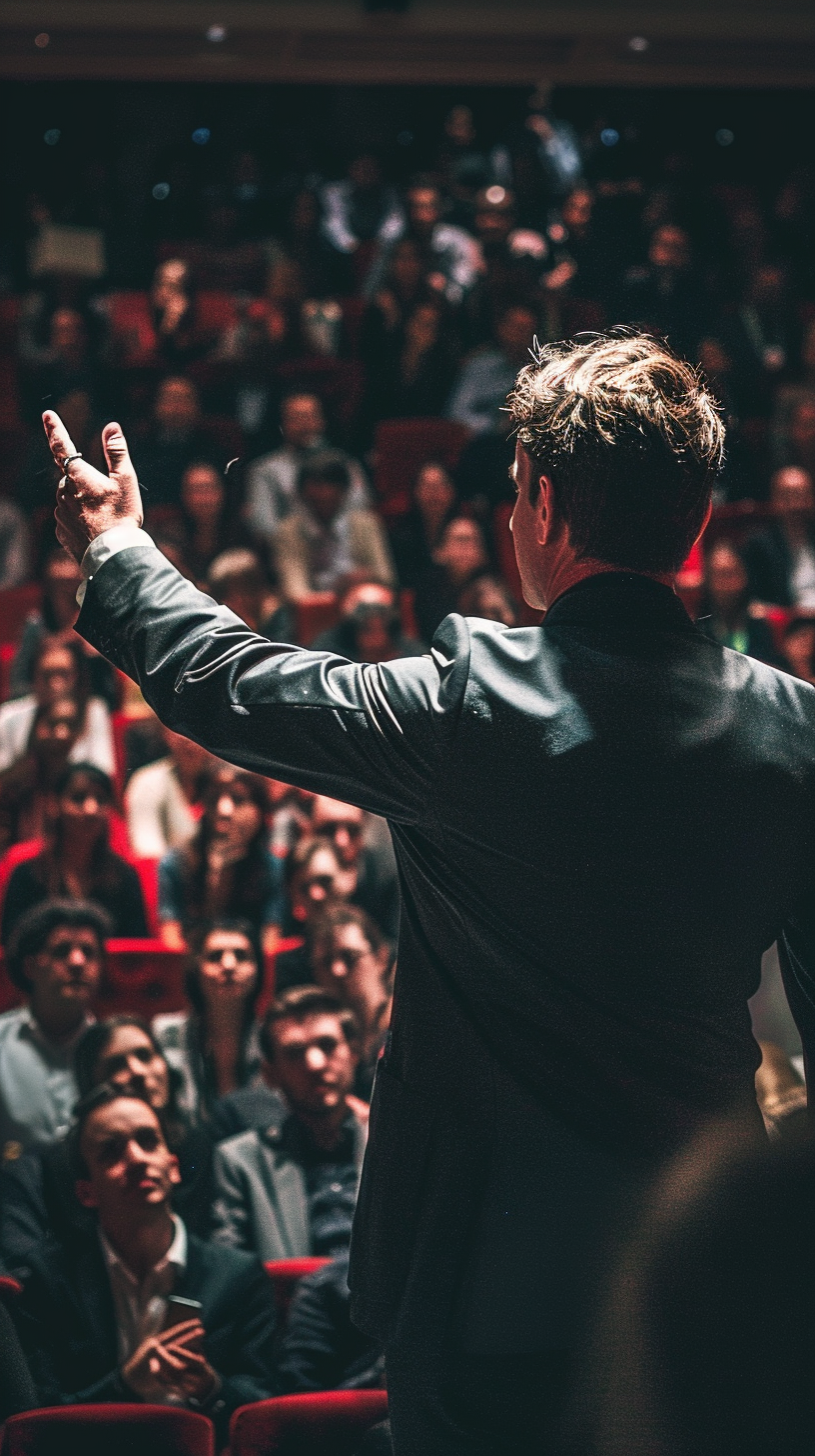 A man in a suit, his back to the camera, gave a speech on a solemn red background to a sold-out audience.